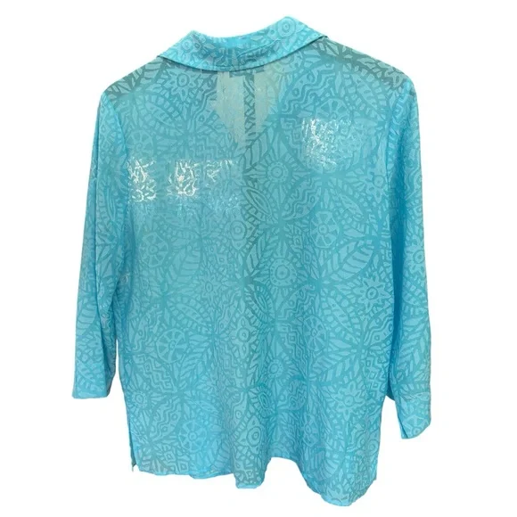 J.H. Collectibles Sky Blue Sheer Aztec Print 3/4 Sleeve Button Women's L Blouse - Picture 3 of 8